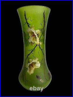 Vase Art Nouveau En Verre Givré Et Emaillé Decor Floral 1900