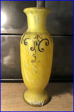 Vase Art Nouveau Verre Marmoréen Décor Géométrique Signé Legras H 22,7 Cm
