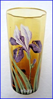 Vase Art Nouveau ou grand verre ambre émaillé Legras Iris bleu