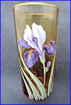 Vase Art Nouveau ou grand verre ambre émaillé Legras Iris bleu