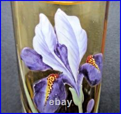 Vase Art Nouveau ou grand verre ambre émaillé Legras Iris bleu