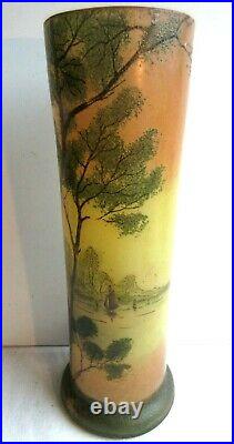 Vase Art Nouveau verre émaillé Legras Paysage lacustre, voiliers, grands arbres