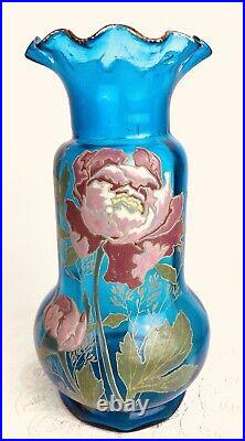 Vase En Verre Emaillé 1900 Art Nouveau Decor De Pivoine Rose Sur Fond Bleu