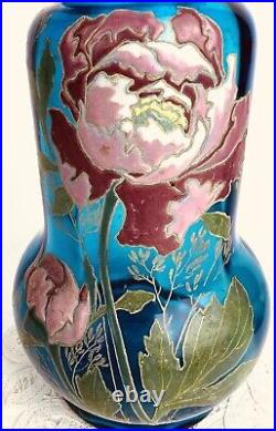 Vase En Verre Emaillé 1900 Art Nouveau Decor De Pivoine Rose Sur Fond Bleu