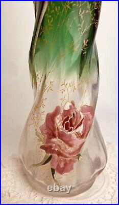 Vase En Verre Emaillé 1900 Art Nouveau Monjoye Decor De Roses
