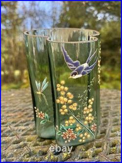 Vase En Verre Émaillé & Oiseau & Libellule & Fleurs & Art Nouveau & France