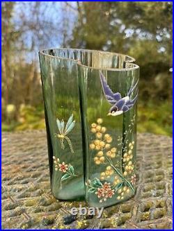 Vase En Verre Émaillé & Oiseau & Libellule & Fleurs & Art Nouveau & France