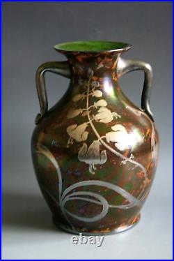 Vase En Verre Irisé Ancien Style Art Nouveau Loetz Avec Décoration Argentée