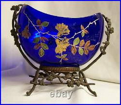 Vase JARDINIERE centre de table VERRE bleu peint émaillé FLEUR socle métal 1900