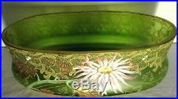 Vase Jardiniere Art Nouveau, Verre Vert Emaille Legras Gui Et Chrysanthemes