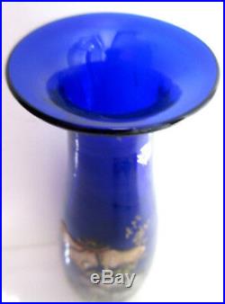 Vase LEGRAS Art Nouveau, verre bleu cabalt émaillé d'anémones et graminées