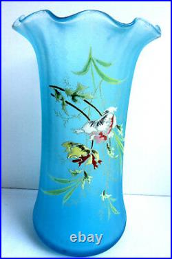 Vase LEGRAS Art Nouveau, verre bleu turquoise émaillé de Pavots et graminées