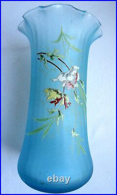 Vase LEGRAS Art Nouveau, verre bleu turquoise émaillé de Pavots et graminées