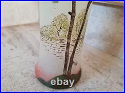 Vase Legras Toul, époque Art Nouveau, verre soufflé émaillé, paysage Lacustre