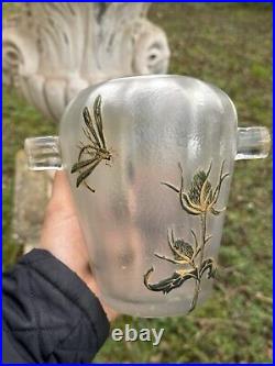 Vase Libellule & Chardons & Travail Français Verre Dégagé à l'Acide & Vers 1900