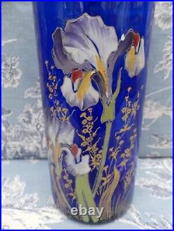 Vase Rouleau verre émaillé bleu décor floral IRIS Legras Montjoye Art Nouveau