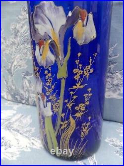 Vase Rouleau verre émaillé bleu décor floral IRIS Legras Montjoye Art Nouveau