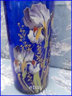 Vase Rouleau verre émaillé bleu décor floral IRIS Legras Montjoye Art Nouveau