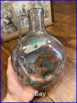 Vase Verre Émaillé Dans l'Esprit Emile Gallé Art Nouveau Glass Poisson & Fleurs