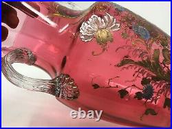 Vase Verre Soufflé Emaillé A décor de Fleurs Art Nouveau Antique Enamel Glass