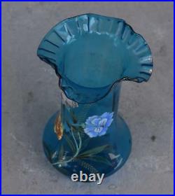 Vase à collerette en verre émaillé aux dahlia vers 1900 Art Nouveau