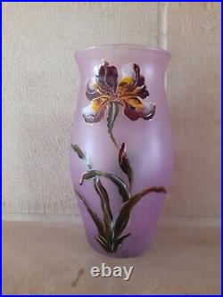 Vase ancien Verre émaillé Art Nouveau décor de Fleurs Signé LEGRAS