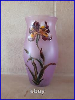 Vase ancien Verre émaillé Art Nouveau décor de Fleurs Signé LEGRAS orchidées
