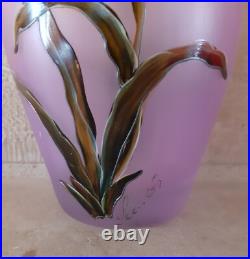 Vase ancien Verre émaillé Art Nouveau décor de Fleurs Signé LEGRAS orchidées