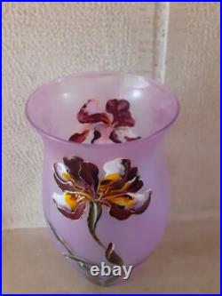 Vase ancien Verre émaillé Art Nouveau décor de Fleurs Signé LEGRAS orchidées