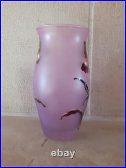 Vase ancien Verre émaillé Art Nouveau décor de Fleurs Signé LEGRAS orchidées