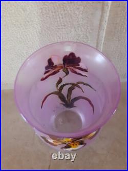 Vase ancien Verre émaillé Art Nouveau décor de Fleurs Signé LEGRAS orchidées
