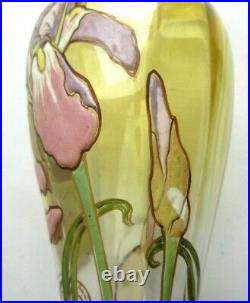 Vase balustre Art Nouveau, verre miel dégradé, émaillé LEGRAS Iris multicolores