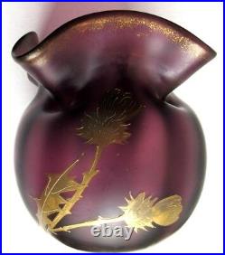 Vase bourse Art Nouveau, verre violet émaillé Legras à l'Or fin Chardons