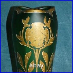 Vase en Verre Vert Emaillé Or Montjoye Legras Art Nouveau circa 1900 H 40 cm