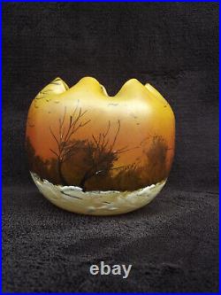 Vase legras en verre émaillé décor paysage enneigé Art Nouveau signé