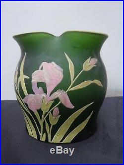 Vase pate de verre decor emaille fleurs iris epoque Legras Montjoye