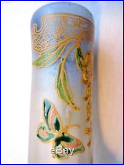 Vase pâte de verre émaillée Legras signé LEG Glycine et Papillons, Art Nouveau