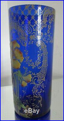 Vase rouleau verre émaillé LEGRAS aux pensées Bleu COBALT 1900 ART NOUVEAU