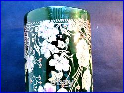 Vase rouleau verre vert émaillé Legras, Art Nouveau fin XIXème Capucines roses