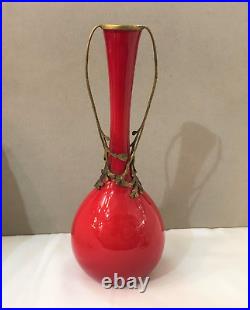 Vase / soliflore ART NOUVEAU verre opalin sang de boeuf Monture bronze 25 cm