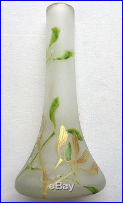 Vase soliflore Art Nouveau, pâte de verre émaillée Legras GUI à feuilles dorées