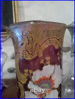 Vase verre émaillé décor floral Legras Montjoye mauve art nouveau