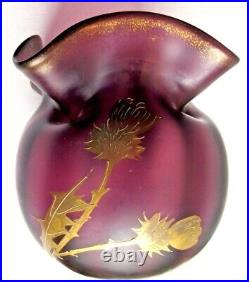 Verre violet émaillé Legras Chardons à l'Or fin, Vase bourse Art Nouveau