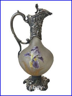 Victor SAGLIER (1809-1894) Aiguière Métal Argenté Verre Fleurs Iris Art Nouveau