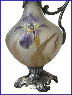 Victor SAGLIER (1809-1894) Aiguière Métal Argenté Verre Fleurs Iris Art Nouveau