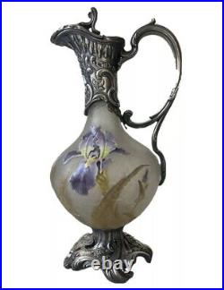 Victor SAGLIER (1809-1894) Aiguière Métal Argenté Verre Fleurs Iris Art Nouveau